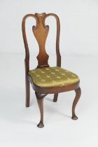 Quality walnut side chair in the Queen Anne style, vase shaped splat, green silk brocade pad seat,