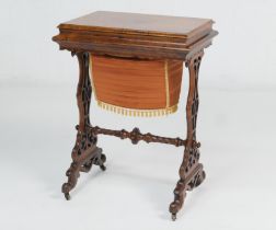 Victorian burr walnut work table, circa 1840-55, the rectangular top opening to reveal a comparted