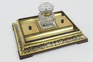 Boulle brass inkstand, probably French , late 19th Century, supporting a clear cut glass inkwell