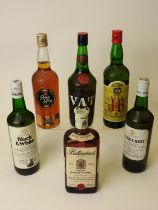 Six bottles blended Scotch whisky comprising Ballantine's, J&B Rare, Black and White (2 bts), VAT