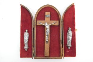 Italian travelling triptych icon, probably early 19th Century, leather clad wooden case opening to