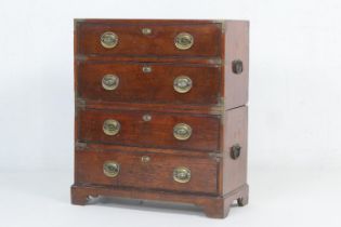 Anglo-Eastern camphorwood campaign chest, 19th Century, two sections, each fitted with two long