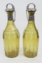 Pair of George IV silver mounted cut green glass decanters, maker SC, London 1828, mallet form