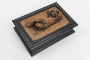 Continental ebony and carved sandalwood cigarette box, late 19th Century, rectangular form, the