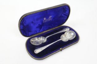 Pair of late Victorian engraved silver fruit spoons, maker GJ/DF, London 1899, engraved throughout