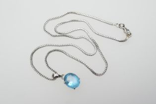 18ct white gold and blue gemstone (untested) set pendant necklace, the oval cut stone of approx.