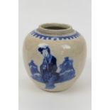 Chinese crackle glazed ginger jar, with underglaze blue decoration of a solitary figure, Kangxi four