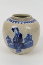Chinese crackle glazed ginger jar, with underglaze blue decoration of a solitary figure, Kangxi four