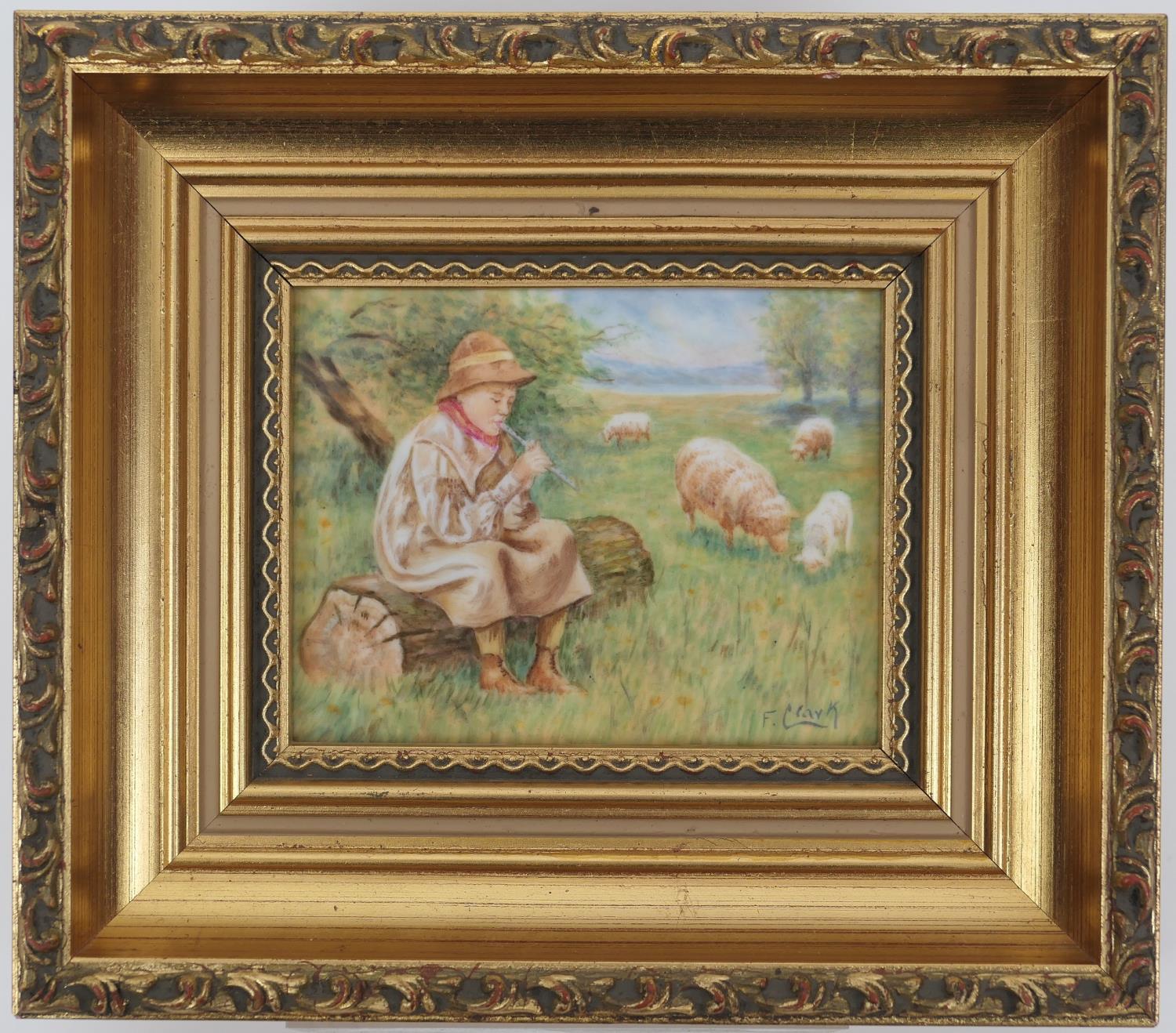 Royal Worcester porcelain plaque, hand decorated by F Clark (modern), featuring a young shepherd