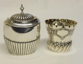 Late Victorian silver lidded tea caddy, maker's mark rubbed, Birmingham 1896, half reeded oval