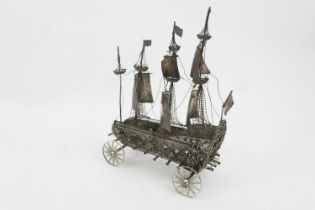 Continental white metal filigree nef, traditional galleon form, length 16cm (Please note condition