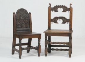 Oak joined chair, probably Yorkshire, 18th Century and later, with a carved rose panel back and