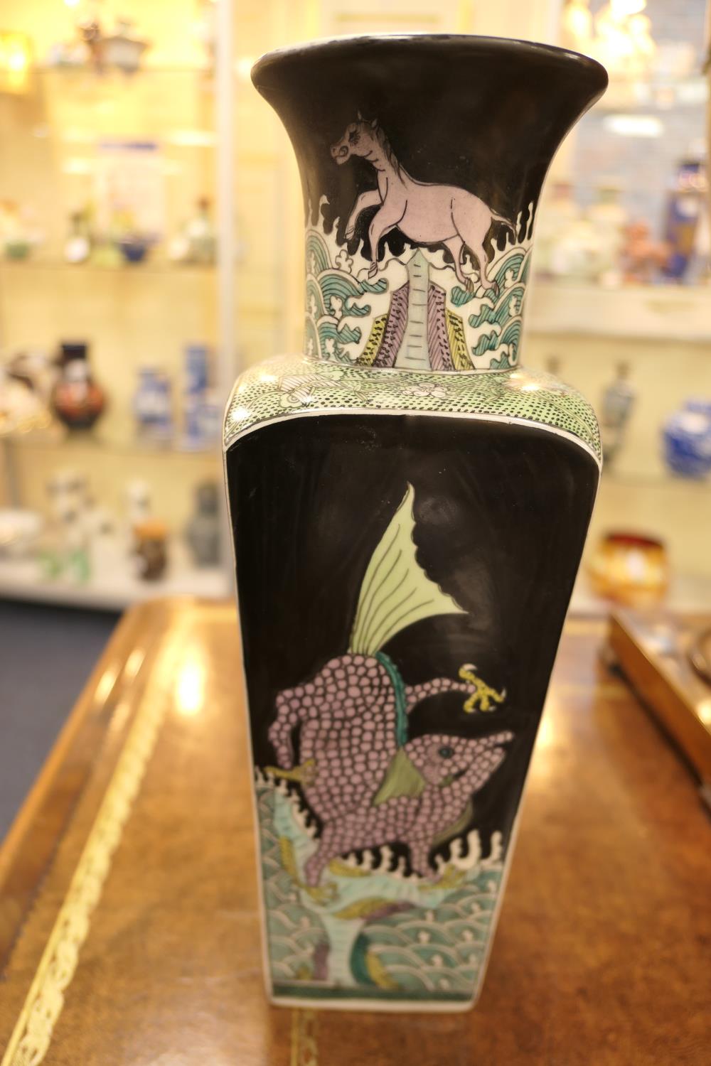 Chinese famille noir vase, square section beneath a trumpet neck, decorated with mythical beasts, - Image 4 of 14