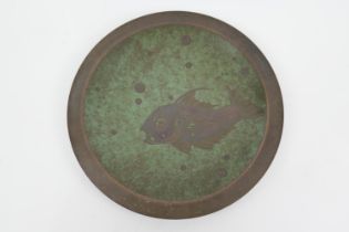 Danish green patinated copper plaque in the style of Just, decorated with a fish and bubbles,