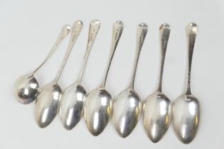 George III Old English pattern silver table spoons and sauce ladle, comprising three by William Eley