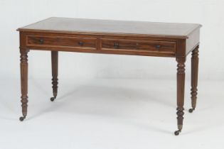 Early Victorian mahogany library table, gilt tooled leather top fitted with two frieze drawers