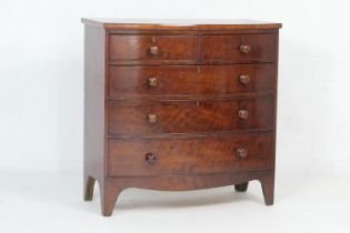 Late Regency mahogany bow front chest of drawers, the top crossbanded and with ebony line inlay,