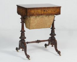 Victorian burr walnut sewing table, circa 1860, finely figured veneers with a pull out drawer with