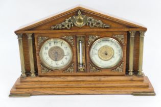 French oak architectural mantel clock and barometer, of temple form with cream dials, centred with a