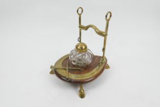 Victorian equestrian ink stand, having an oak horseshoe shaped base supporting a moulded glass