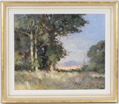 James Longueville (b.1942), 'The field's edge', signed oil on board, inscribed verso, 50cm x 60cm