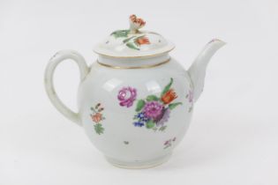 Worcester polychrome teapot and cover, circa 1770, decorated with floral sprays and with a bud