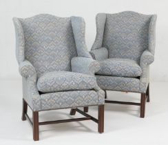 Pair of Duresta wing armchairs, in the Georgian style, upholstered in a chevron patterned light blue