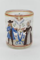 Dutch enamelled glass beaker, 18th or 19th Century, cylinder form decorated with a merchant man