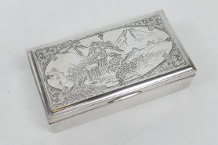 Japanese white metal cigarette box, Taisho (1912-26), rectangular form, the cover worked with
