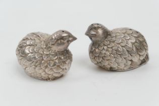 Pair of Japanese white metal quail condiments, Taisho (1912-26), unmarked, 7cm (Please note