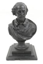 Victorian bronze bust of Shakespeare, mounted on a polished slate base, height 33cm (Please note