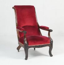 Victorian rosewood and upholstered armchair, circa 1845, red fabric upholstered back with carved