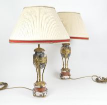 Pair of French marble and ormolu urn table lamps, 20th Century in the Empire Revival style, composed