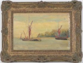 English Impressionist School, Thames barges on a river, oil on board, 18cm x 28cm, unsigned (