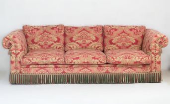 Quality large red fabric upholstered settee, of chesterfield type, width 270cm, depth 126cm,