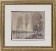 Tom Campbell (1865-1943), Poplars on the river bank, watercolour, signed, 26cm x 31cm (Please note