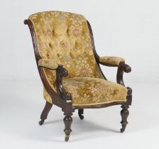 Victorian mahogany and upholstered armchair, circa 1870, floral figured gold deep buttoned fabric