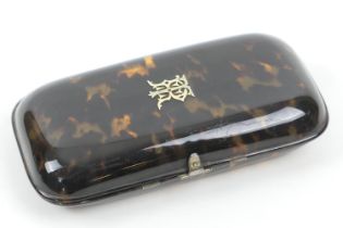 Victorian tortoiseshell cigar case, late 19th Century, rectangular cushion form with an applied gold