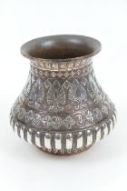 Cario ware small baluster vase, circa 1900, with silver inlaid decoration, height 10cm (Please