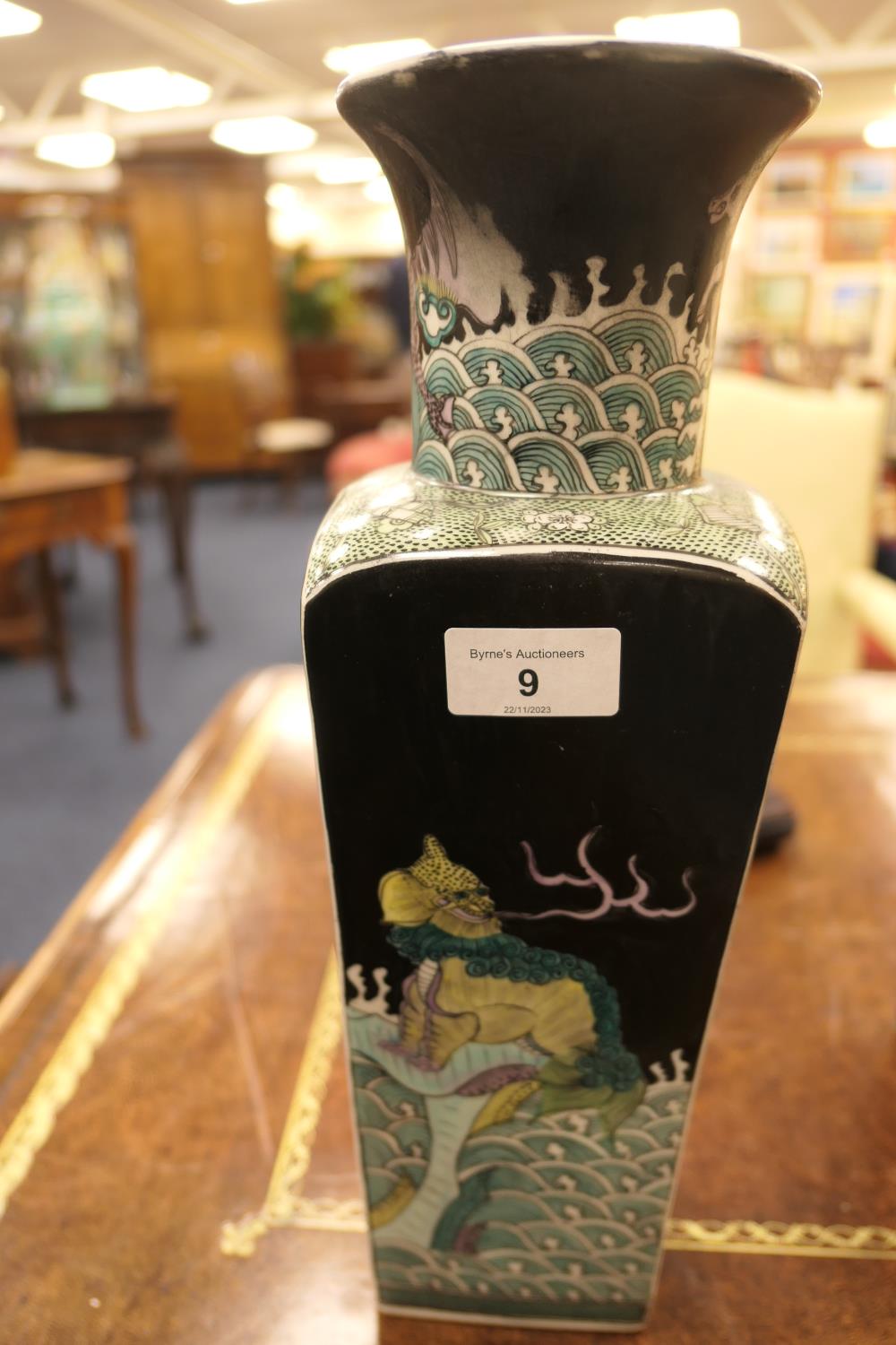 Chinese famille noir vase, square section beneath a trumpet neck, decorated with mythical beasts, - Image 9 of 14