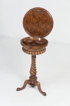 William IV burr walnut teapoy, circa 1835, circular hinged top opening to two cylinder caddies and