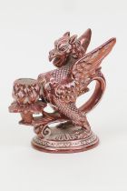 Cantigalli lustrous griffin chamber stick, decorated in lustrous glazes (repaired), height 15cm (