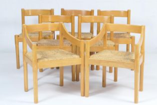 Vico Magistretti (1920-2006), Set of seven (5 + 2) Carimate beech dining chairs for Habitat, with