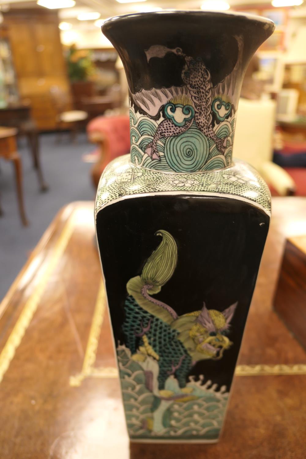 Chinese famille noir vase, square section beneath a trumpet neck, decorated with mythical beasts, - Image 12 of 14