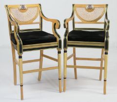 Pair of Clive Christian 'Empire' bar stools, in Regency style, fan shaped panel caned backs with