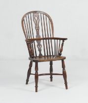Yewood high back Windsor chair, early 19th Century, pierced splat, elm seat, crinoline stretcher,