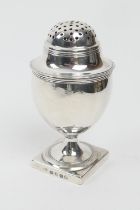 George III silver pepper pot, London 1808, of urn shape raised on a square foot, height 11cm, weight