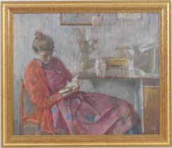 Follower of Ruskin Spear (1911-90), Woman reading, oil on canvas, 34cm x 41cm (Please note condition