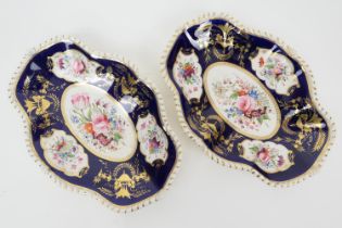 Pair of Bloor Derby style lobed dishes, circa 1830, decorated with foliate reserves against a cobalt
