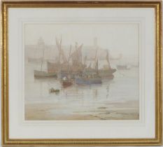 Walter Eastwood (1867-1943), Unloading the catch, a busy harbour scene, watercolour, signed, 50cm